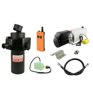 Hydraulika do przyczepy wywrotki, kipra. Zestaw do wywrotu: zasilacz 24V z kołyską ze sterowaniem bezprzewodowym + siłownik skok 1200 udźwig do 10 ton