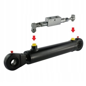 Cylinder siłownik hydrauliczny dwustronnego działania długość: 415mm skok: 200mm CJ2F-50/28/200 w komplecie z zaworem zabezpieczającym typu zamek