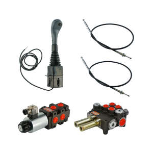 Zestaw hydrauliczny 3 sekcyjny: rozdzielacz 80L + elektrozawór 6/2 + joystick z jednym przyciskiem + dwie linki 3m