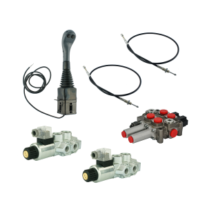 Zestaw hydrauliczny 4 sekcyjny: rozdzielacz 60L z sekcją pływającą + dwa elektrozawory 6/2 + joystick z dwoma przyciskami + dwie linki 1,5m