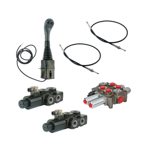 Zestaw hydrauliczny 4 sekcyjny: rozdzielacz 90L z sekcją pływającą + dwa elektrozawory 6/2 + joystick z dwoma przyciskami + dwie linki 1,5m