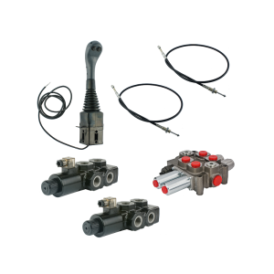 Zestaw hydrauliczny 4 sekcyjny: rozdzielacz 90L z sekcją pływającą + dwa elektrozawory 6/2 + joystick z dwoma przyciskami + dwie linki 1,5m