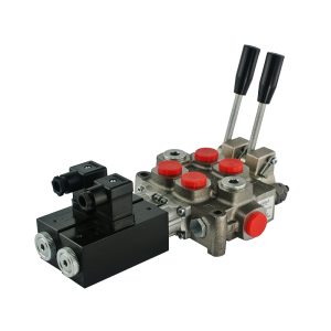 Rozdzielacz Galtech Q25 40L dwusekcyjny 12V z dźwigniami i wtyczkami