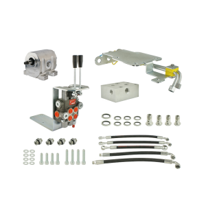 Zestaw do przeróbki i rozbudowy podstawowej hydrauliki w ciągnika w zestawie adapter, pompa aluminiowa, rozdzielacz 2 sekcyjny z sekcją pływającą, wsporniki, gniazda, węże i złącza.