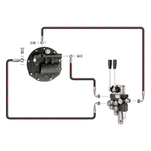 Rozdzielacz hydrauliczny 2 sekcyjny w zestawie z nowego typu kompletną pokrywą pompy z wyjściem na rozdzielacz zewnętrzny