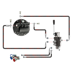 Rozdzielacz hydrauliczny 1 sekcyjny w zestawie ze wzmacnianą pompą i nowego typu pokrywą z wyjściem na rozdzielacz zewnętrzny oraz zestaw szybkozłączy EURO z mocowaniem i wężami