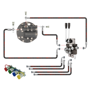 Rozdzielacz hydrauliczny 2 sekcyjny w zestawie z nowego typu pokrywą z wyjściem na rozdzielacz zewnętrzny oraz zestaw szybkozłączy EURO z mocowaniem i wężami do ciągnika Ursus C-360 C-360-3P