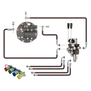 Rozdzielacz hydrauliczny 2 sekcyjny z jedną sekcją pływającą w zestawie z nowego typu pokrywą z wyjściem na rozdzielacz zewnętrzny oraz zestaw szybkozłączy EURO z mocowaniem i wężami do ciągnika Ursus C-360 C-360-3P