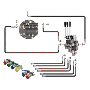 Rozdzielacz hydrauliczny 3 sekcyjny z jedną sekcją pływającą w zestawie z nowego typu pokrywą z wyjściem na rozdzielacz zewnętrzny oraz zestaw szybkozłączy EURO z mocowaniem i wężami do ciągnika Ursus C-360 C-360-3P