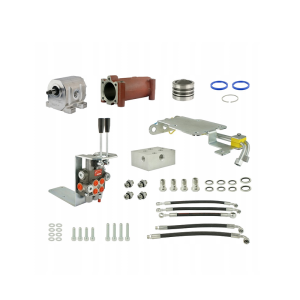 Zestaw do przeróbki i rozbudowy podstawowej hydrauliki w ciągnika w zestawie adapter, pompa aluminiowa, tłok i cylinder podnośnika, rozdzielacz 2 sekcyjny, wsporniki, gniazda, węże i złącza.