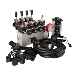 Rozdzielacz hydrauliczny 4 sekcyjny 12V blokowy typu Cetop 3 NG6 z proporcjonalnym regulatorem przepływu w komplecie z panelem sterującym Salvarani z dwoma joystickami, manometrem, wtyczkami elektrycznymi i przyłączami