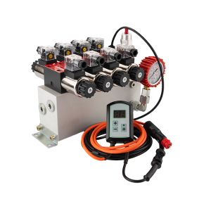 Rozdzielacz hydrauliczny 4 sekcyjny 12V blokowy typu Cetop 3 NG6 z proporcjonalnym regulatorem przepływu w komplecie ze sterownikiem zaworu proporcjonalnego ARPWM, manometrem,  wtyczkami elektrycznymi i przyłączami