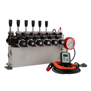 Rozdzielacz hydrauliczny 6 sekcyjny 12V blokowy typu Cetop 3 NG6 z proporcjonalnym regulatorem przepływu w komplecie ze sterownikiem zaworu proporcjonalnego ARPWM, manometrem, wtyczkami elektrycznymi i przyłączami