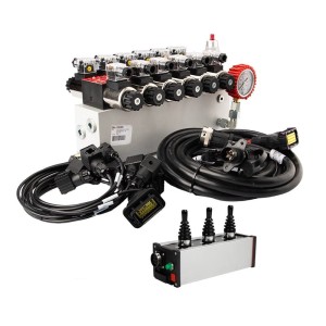 Rozdzielacz hydrauliczny 6 sekcyjny 12V blokowy typu Cetop 3 NG6 z proporcjonalnym regulatorem przepływu w komplecie z panelem sterującym Salvarani z trzema joystickami, manometrem, wtyczkami elektrycznymi i przyłączami