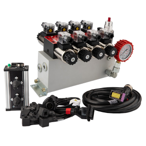 Rozdzielacz hydrauliczny 4 sekcyjny 12V blokowy typu Cetop 3 NG6 z proporcjonalnym regulatorem przepływu w komplecie z panelem sterującym Salvarani z dwoma joystickami, manometrem, wtyczkami elektrycznymi i przyłączami