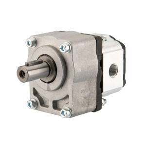 Pompa hydrauliczna zębata lewa grupy 1, obroty lewe, objętość: 1,05cm3/obr, wydajność (1500obr/min): 1,57L/min + przystawka podpora łożyskowa łożyskowanie pompy GR1 1:8 Z14 z wałkiem cylindrycznym w zestawie ze sprzęgłem