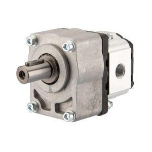 Pompa hydrauliczna zębata lewa grupy 1, obroty lewe, objętość: 4,70cm3/obr, wydajność (1500obr/min): 7,05L/min + przystawka podpora łożyskowa łożyskowanie pompy GR1 1:8 Z14 z wałkiem cylindrycznym w zestawie ze sprzęgłem