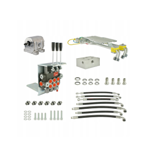 Zestaw do przeróbki i rozbudowy podstawowej hydrauliki w ciągnika w zestawie adapter, pompa aluminiowa, rozdzielacz 3 sekcyjny z sekcją pływającą, wsporniki, gniazda, węże i złącza.