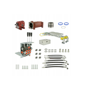 Zestaw do przeróbki i rozbudowy podstawowej hydrauliki w ciągnika zestawie adapter, pompa żeliwna, tłok i cylinder podnośnika, rozdzielacz 3 sekcyjny, wsporniki, gniazda, węże i złącza.