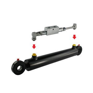 Cylinder siłownik hydrauliczny dwustronnego działania długość: 480mm skok: 300mm CJ2F-50/28/300 w komplecie z zaworem zabezpieczającym typu zamek