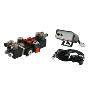 Rozdzielacz hydrauliczny 2 sekcyjny 40L/min sterowany elektrycznie 24V z panelem sterującym  z dwoma przyciskami
