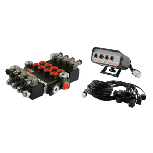 Rozdzielacz hydrauliczny 4 sekcyjny 40L/min sterowany elektrycznie 12V z panelem sterującym  z czterema przyciskami