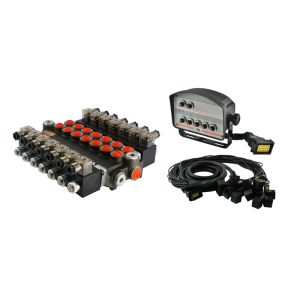 Rozdzielacz hydrauliczny 7 sekcyjny 40L/min sterowany elektrycznie 12V z panelem sterującym  z siedmioma przyciskami