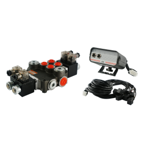Rozdzielacz hydrauliczny 2 sekcyjny 80L/min sterowany elektrycznie 24V z panelem sterującym z dwoma przyciskami