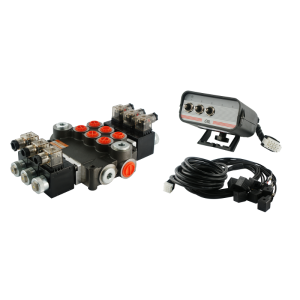 Rozdzielacz hydrauliczny 3 sekcyjny 80L/min sterowany elektrycznie 24V z panelem sterującym z trzema przyciskami