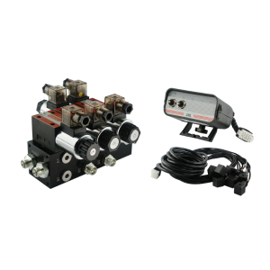 Rozdzielacz hydrauliczny 2 sekcyjny blokowy typu CETOP 03 NG6 sterowany elektrycznie 12V z panelem sterującym z dwoma przyciskami