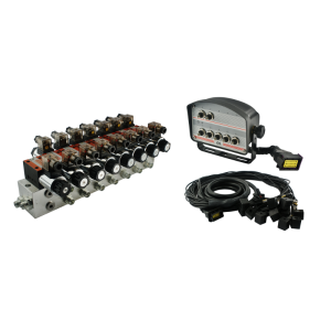 Rozdzielacz hydrauliczny 7 sekcyjny blokowy typu CETOP 03 NG6 sterowany elektrycznie 12V z panelem sterującym z siedmioma przyciskami