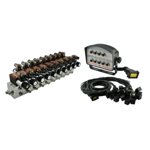 Rozdzielacz hydrauliczny 9 sekcyjny blokowy typu CETOP 03 NG6 sterowany elektrycznie 12V z panelem sterującym z dziewięcioma przyciskami