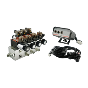 Rozdzielacz hydrauliczny 3 sekcyjny blokowy typu CETOP 03 NG6 sterowany elektrycznie 24V z panelem sterującym z trzema przyciskami