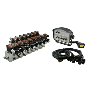 Rozdzielacz hydrauliczny 7 sekcyjny blokowy typu CETOP 03 NG6 sterowany elektrycznie 24V z panelem sterującym z siedmioma przyciskami