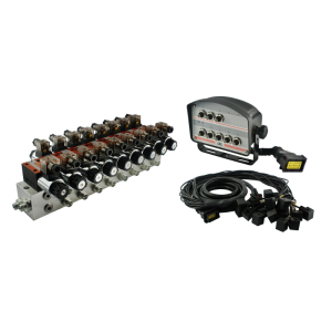 Rozdzielacz hydrauliczny 8 sekcyjny blokowy typu CETOP 03 NG6 sterowany elektrycznie 24V z panelem sterującym z ośmioma przyciskami