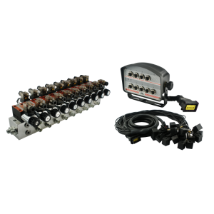 Rozdzielacz hydrauliczny 9 sekcyjny blokowy typu CETOP 03 NG6 sterowany elektrycznie 24V z panelem sterującym z dziewięcioma przyciskami