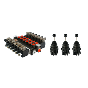 Rozdzielacz hydrauliczny 6 sekcyjny 40L/min sterowany elektrycznie 12V w zestawie z trzema joystickami elektrycznymi 5 pozycyjnymi