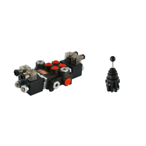 Rozdzielacz hydrauliczny 2 sekcyjny 40L/min sterowany elektrycznie 24V w zestawie z joystickiem elektrycznym 5 pozycyjnym