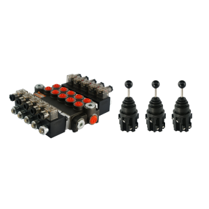 Rozdzielacz hydrauliczny 5 sekcyjny 40L/min sterowany elektrycznie 24V w zestawie z trzema joystickami elektrycznymi 5 pozycyjnymi