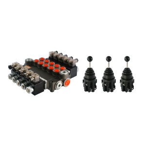 Rozdzielacz hydrauliczny 5 sekcyjny 80L/min sterowany elektrycznie 12V w zestawie z trzema joystickami elektrycznymi 5 pozycyjnymi