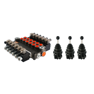 Rozdzielacz hydrauliczny 6 sekcyjny 80L/min sterowany elektrycznie 12V w zestawie z trzema joystickami elektrycznymi 5 pozycyjnymi