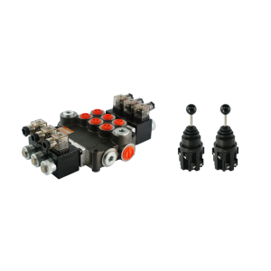 Rozdzielacz hydrauliczny 3 sekcyjny 80L/min sterowany elektrycznie 24V w zestawie z dwoma joystickami elektrycznymi 5 pozycyjnymi
