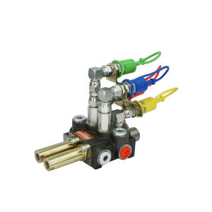 Rozdzielacz hydrauliczny 2 sekcyjny 40L/min z kompletem szybkozłączy wtyczek euro, sterowany linkami i joystickiem 