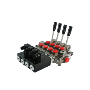 Rozdzielacz hydrauliczny 4 sekcyjny 60L/min sterowany elektrycznie 12V lub dźwigniami. Galtech: Q45-F1S-4X103/A1/D41-F3D-12V-4E 045040103