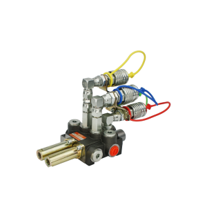 Rozdzielacz hydrauliczny 2 sekcyjny 40L/min z kompletem szybkozłączy gniazd euro, sterowany linkami i joystickiem