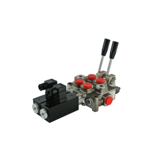 Rozdzielacz hydrauliczny 2 sekcyjny 60L/min sterowany elektrycznie 24V lub dźwigniami. Galtech: Q45-F1S-2X103/A1/D41-F3D-24V-2E 045020103