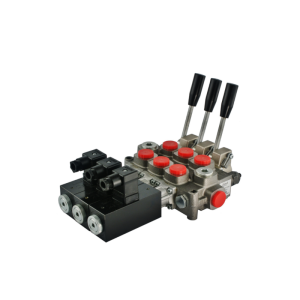 Rozdzielacz hydrauliczny 3 sekcyjny 60L/min sterowany elektrycznie 24V lub dźwigniami. Galtech: Q45-F1S-3X103/A1/D41-F3D-24V-3E 045030103
