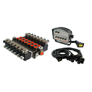 Rozdzielacz hydrauliczny 7 sekcyjny 40L/min sterowany elektrycznie 24V z panelem sterującym z siedmioma przyciskami