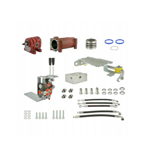 Zestaw do przeróbki i rozbudowy podstawowej hydrauliki w ciągnika zestawie adapter, pompa żeliwna, tłok i cylinder podnośnika, rozdzielacz 2 sekcyjny, wsporniki, gniazda, węże i złącza.
