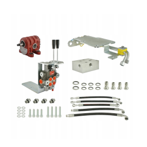 Zestaw do przeróbki i rozbudowy podstawowej hydrauliki w ciągnika w zestawie adapter, pompa żeliwna, rozdzielacz 2 sekcyjny z sekcją pływającą, wsporniki, gniazda, węże i złącza.